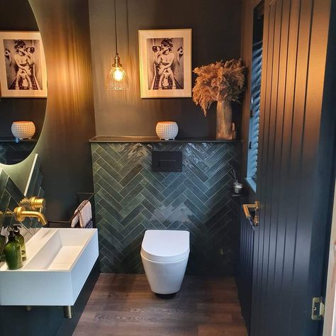 Monochrome Downstairs Toilet, Dark Green Downstairs Toilet, Dark Green Toilet, Small Toilet Makeover, Guest Toilet Ideas, Downstairs Toilet Ideas Quirky, Cloakroom Toilet Downstairs Loo, Understairs Toilet, Small Downstairs Toilet