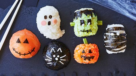 Sushi Halloween, Sushi Balls, Creative Halloween Treats, Sushi Ideas, Healthy Halloween Food, Orange Food Coloring, Healthy Halloween, Bento Recipes, Lunchbox Ideas