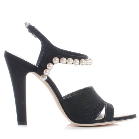 Chanel Thong Sandals, Chanel 2014, Strap Sandals Heels, Black Satin Heels, Chanel Pearl, Stylish Heels, Chanel Pearls, Ankle Strap Sandals Heels, Prom Heels