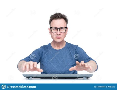 Man In Glasses Working At The Computer, His Hands Hover Over The Keyboard While Typing, Isolated On White Background. Front View. Stock Image - Image of genie, nerd: 145095875 Nerd Stock Image, Computer Nerd, Wallpaper Girly, Art Hub, Iphone Wallpaper Girly, Front View, Mens Glasses, View Image, Model Poses