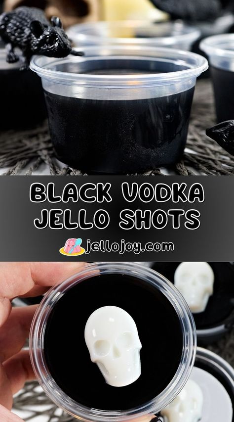 Black Jello Shots are best vodka jello shots to bring that spooky vibe to your Halloween party! A yummy and easy to make boozy treats for adults, or you can make them non-alcoholic for the to kids enjoy too! | jellojoy.com Beetle Juice Jello Shots, Halloween Jello Shots Alcohol Parties, Best Tasting Jello Shots, Black Jello Shots Recipes, Beetlejuice Halloween Party Food, White Jello Shots, Black Cherry Jello Shots, Black Jello Shots, Halloween Jell-o Shots