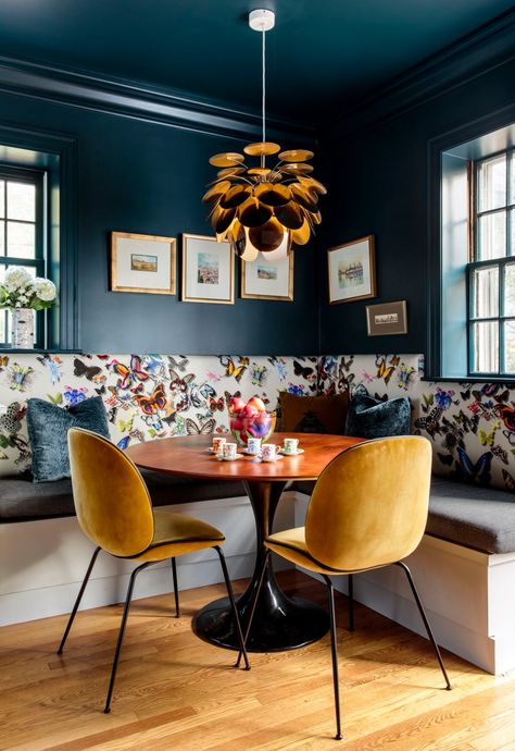 Banquette Ideas, Web Ideas, Built In Banquette, David Hicks, Dark Blue Walls, Yellow Chair, Banquette Seating, Kitchen Nook, Color Play