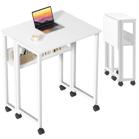 PRICES MAY VARY. FOLDABLE AND SPACE-SAVING DESIGN:Folding desk can be folded to store away when not in use,or used as s console table behind sofa.After folding size: 31.5 x 8.3 x 29.5 inch (L x W x H). PORTABLE ROLLING DESK:Rolling desk is lightweight and features with 6 swivel wheels,you can move it easily from room to room.And the casters with brake helps lock the table in place and keep it stable. WHITE DESK WITH STORAGE SHELF:Computer desk is designed with an open shelf under the desktop to Computer Desk Small Space, Bed Table On Wheels, Extendable Desk, Collapsible Desk, Desk For Small Space, Console Table Behind Sofa, Desk With Wheels, Convertible Desk, Rolling Desk