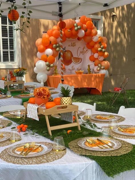 Orange Party Table Decorations, Shades Of Orange Party, Sweet 16 Orange Theme, Cute Gender Reveal Themes Summer, Cuties Gender Reveal Ideas, A Little Cutie Is On The Way Centerpiece, Gender Reveal Ideas Orange, Boy Baby Shower Themes Summer, What Will Cutie Be Gender Reveal