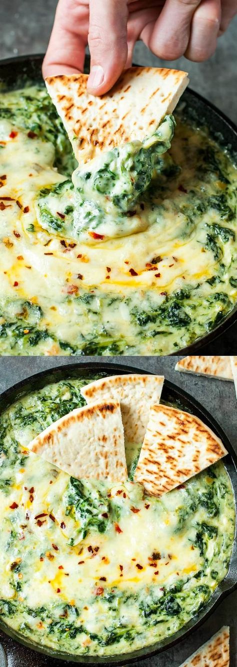 Serve this Cheesy Baked Shrimp and Spinach Dip at your next party and it's sure to be the first dish devoured! My friends and family BEG for this easy cheesy appetizer! Shrimp And Spinach, Hot Spinach Dip, Weight Watcher Desserts, Chips Dip, Cheesy Appetizer, Spinach Dip Recipe, Iron Skillet Recipes, Cheesecake Dip, Skillet Recipes