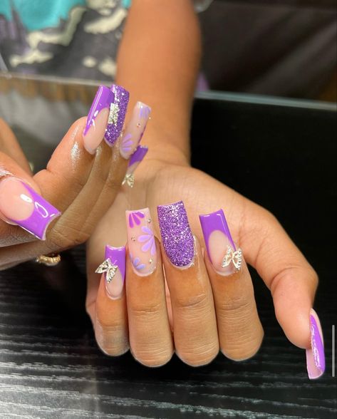 Girly Acrylic, Purple Acrylic Nails, Acrylic Nail Set, Girly Acrylic Nails, Purple Nails, Blue Nails, Nail Ideas, Acrylic Nails, Blue And Purple