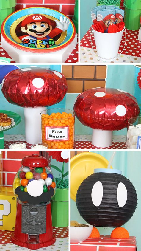 Mario Toad Decorations, Super Mario Brothers Party Decorations, Mario Party Centerpieces, Mario Bros Centerpieces Ideas, Mario Odyssey Birthday Party, Super Mario Centerpieces, Super Mario Decorations, Mario Birthday Party Decorations, Mario Decorations