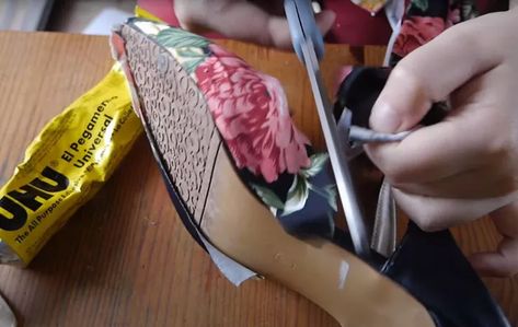 Cover Shoes With Fabric Diy, How To Cover Shoes With Fabric, Recover Shoes With Fabric, Diy Fabric Shoes, Fabric Covered Shoes, Decoupage Shoes, Kingdom Ideas, Shoe Makeover, Best Glue