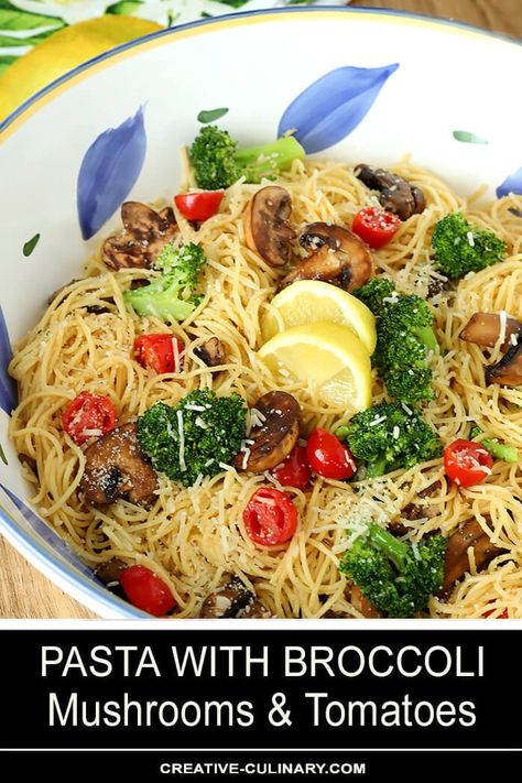 Fresh and filled with garden flavors, this Pasta with Broccoli, Mushrooms, Tomatoes and Parmesan Cheese is one of our favorites! Broccoli Spaghetti, Lidia's Recipes, Broccoli Lemon, Pasta Con Broccoli, Pasta With Broccoli, Fresh Tomato Pasta, Mushroom Broccoli, Tomato Pasta Recipe, Pasta With Peas