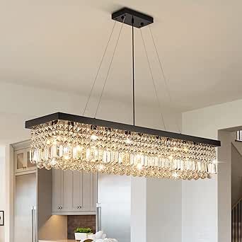 Design: Black rectangle frame with K9 crystals, perfect for dining rooms and kitchen islands. Dimensions: 47"L x 10"W x 10"H, adjustable hanging height. Installation: Easy 3-step process; install canopy, add E12 bulbs (not included), hang crystals. Lighting: Uses 10 E12 bulbs, compatible with LED, incandescent, and halogen. Fully dimmable with the right setup. Service: 30-day free return, 365-day warranty, reliable customer support. #Chandelier #ModernLighting #HomeDecor 💡 Black Crystal Chandelier Dining Room, Crystal Chandelier Dining Room, Black Crystal Chandelier, Island Bedroom, Chandelier Modern, Hanging Crystals, Bedroom Black, Rectangle Frame, Black Rectangle