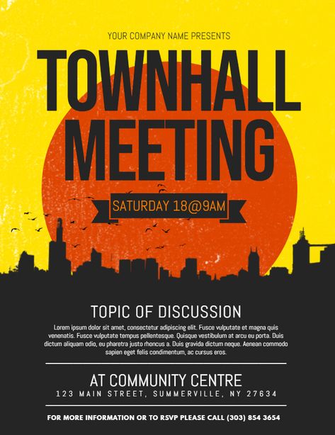 Modern Town hall meeting poster/flyer template Meeting Poster, Trello Templates, Resident Retention, Meeting Template, Town Hall Meeting, Meeting Agenda Template, Graphic Design Flyer, Free Flyer Templates, Poster Layout