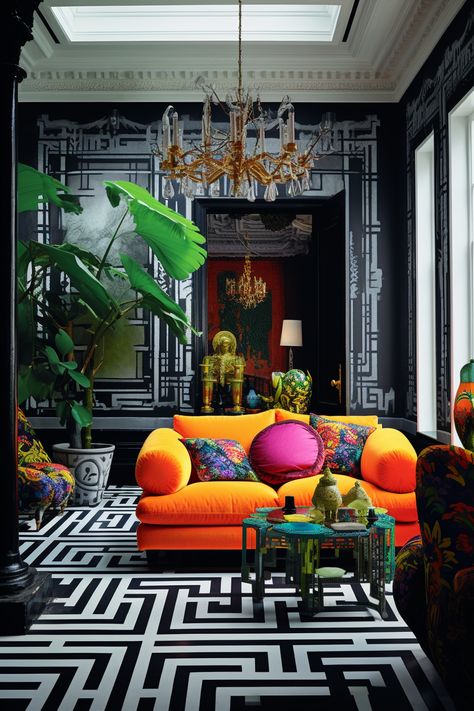 Maximalist Black And White, Eclectic Black And White Decor, Black And White Interior With Color Pop, Black And White Maximalist Living Room, Moody Room White Walls, Black Maximalist Living Room, Black And White Apartment With Pops Of Color, Black And White Maximalist Decor, Maximalist Decor Black And White