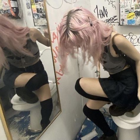 Pink Hair, A Woman, Mirror, Hair, Pink