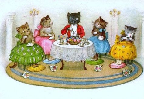 the kitties take tea Cottage Core Painting, Cat Tea Party, Kittens Vintage, Fancy Cup, Tea Illustration, Cute Animals Images, Little Kittens, Tea Art, Vintage Cat