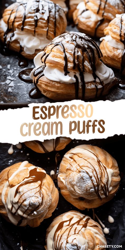 Espresso Pastry Cream, Heart Cream Puffs, Eggnog Cream Puffs, Cafe Pastry Ideas, Expresso Desserts, Cream Puffs Recipe Filling, Creme Puff Recipe, Coffee Cream Puffs, Chocolate Cream Puff Filling