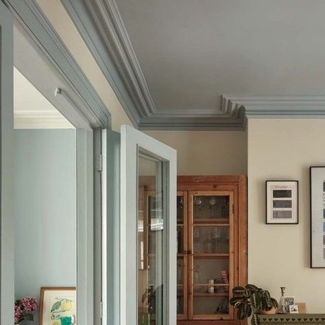 House & Garden Magazine on Instagram: "Blue walls and a white ceiling in the living room are reversed in the study opposite, where Pandora Taylor (@pandorataylor) uses Farrow & Ball's ‘Slipper Satin’ on the walls and ‘Parma Gray’ on the ceiling. The glass-pained doors allow light to travel through into the study, whilst also giving the option for a dedicated work space. Follow the link in our profile to tour the adaptable Herne Hill house with a country cottage feel in full.  Photo by @astridtemplier Words by @eved.elaney Design by @pandorataylor" Contrast Trim Living Room, Parma Gray Farrow And Ball, Farrow And Ball Borrowed Light, Borrowed Light Farrow And Ball, Farrow And Ball Light Blue, Farrow And Ball Blue Gray, Parma Gray, Farrow And Ball Bedroom, Borrowed Light