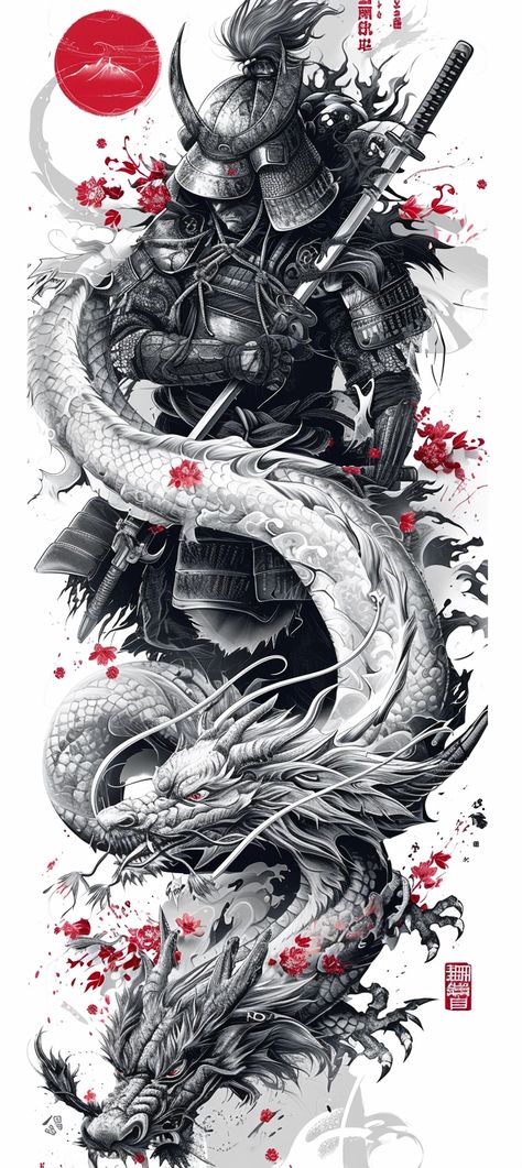 Midjourney Feed Full Arm Tattoo Men Sleeve Art Designs, Yakuza Tattoo Men, Yakuza Tattoo Design, Tattoos Arm Mann, Japanese Warrior Tattoo, Samurai Tattoo Sleeve, Japanese Leg Tattoo, Guerriero Samurai, Samurai Warrior Tattoo