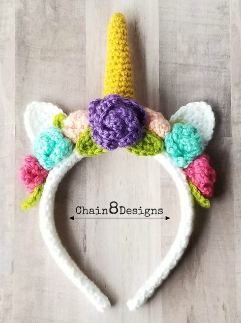 Finished Headband Crochet Unicorn Pattern Free, Crochet Unicorn Hat, Crochet Headband Free, Crochet Unicorn Pattern, Unicorn Hat, Unicorn Flowers, Crochet Headband Pattern, Crochet Hair Accessories, Unicorn Headband