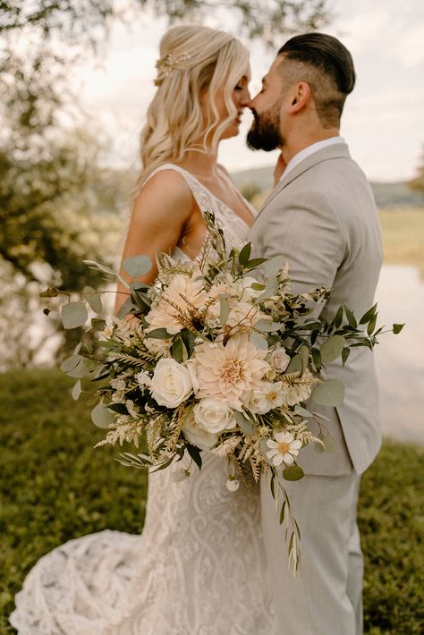 Wedding Bouquet No Roses, Long Bouquet Flowers, Bride Bouquet Neutral, Neutral Eucalyptus Wedding, Wedding Flowers September Bouquets, White And Taupe Wedding Bouquet, Country Chic Bouquet, Wedding Flower Arrangements Neutral, Wedding Flowers Boho Bridal Bouquets