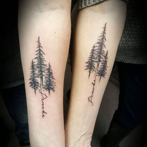 Trees and the family camps name "Penoke" #treetattoos #pinetrees #trees #outdoortattoos #camptattoos #outdoorlife #patattooers… Moutain Tattoos, Tree Silhouette Tattoo, Pine Tattoo, Tree Tattoo Forearm, Camping Tattoo, Coordinates Tattoo, Mother Nature Tattoos, Nature Tattoo Sleeve, Kevin Lee