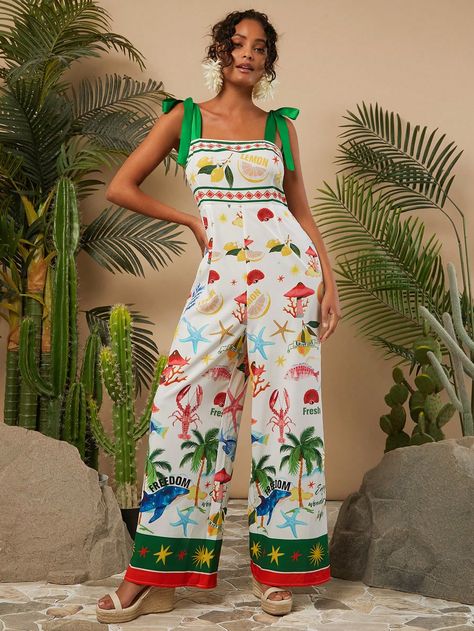 Women's Shoulder Strap All-Over Allover Print Jumpsuit, Casual Vacation Multicolor Boho  Sleeveless Woven Fabric Tropical,Plants,All Over Print Other Non-Stretch  Women Clothing, size features are:Bust: ,Length: ,Sleeve Length: Florida Outfits, Jumpsuit Casual, Print Jumpsuit, Printed Jumpsuit, Tropical Plants, Maternity Bag, Denim Wash, Colorful Leggings, Denim Women