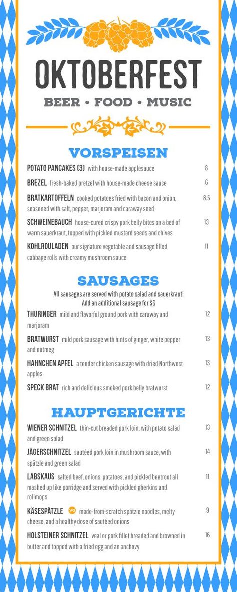 Traditional Patterned Oktoberfest Half Page Menu Oktoberfest Menu Design, Pork Menu, Oktoberfest Menu, Beer Tent, Beer Menu, Crispy Pork Belly, Menu Inspiration, Design Edit, Oktoberfest Beer