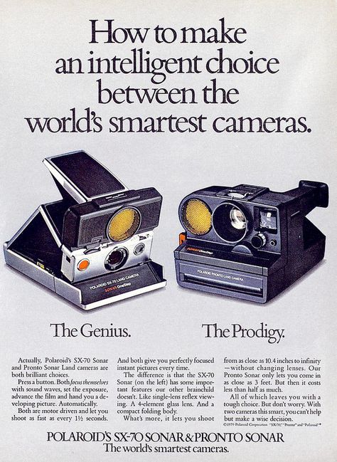 Polaroid cameras advertising poster, 1981 Polaroid Advertising, Fotocamere Vintage, Polaroid Cameras, Antique Cameras, Photography Advertising, Vintage Poster Design, Old Cameras, Classic Camera, Polaroid Camera