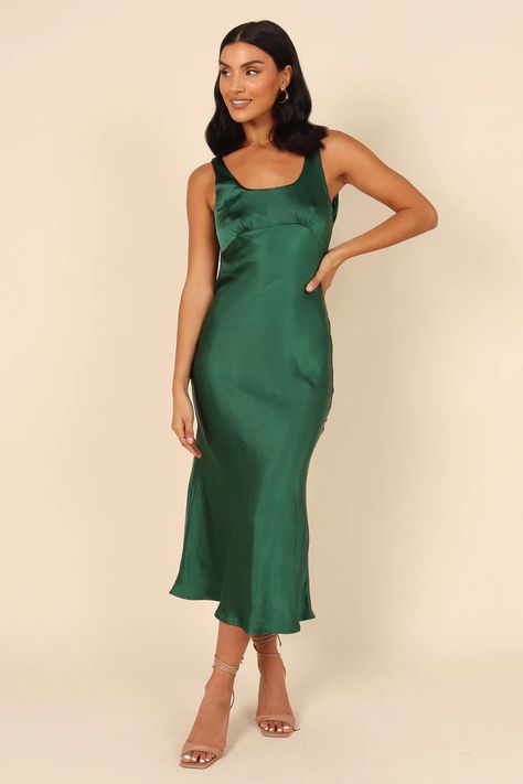 Backless Satin Dress, Petal And Pup, Green Bridesmaid Dresses, Usa Dresses, Satin Midi Dress, Wedding Guest Dress Summer, Green Midi Dress, Green Satin, Satin Dress