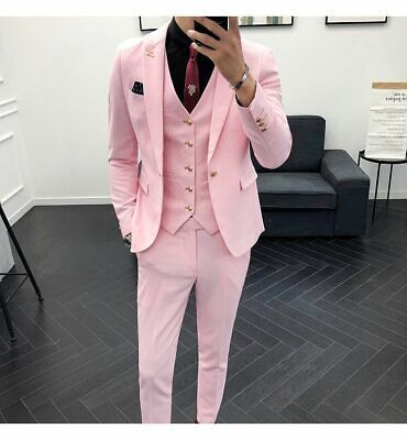 Pink Men Suits Slim Fit Business Formal Tuxedo Wedding Dress Casual Custom Made | eBay Mens Suits Casual, Wedding Dress Casual, Blue Suits, Suits Casual, Formal Tuxedo, Slim Suit, Suit Men, Tuxedo Wedding, Pink Men