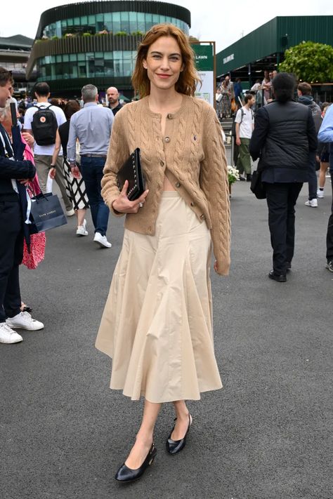 Alexa Chung Just Wore A Cotton Skirt With Elegant Slingbacks To Wimbledon 2024 | Who What Wear UK Alexa Chung Summer Style, Cardigan And Skirt Outfit, Wimbledon Style, Wimbledon 2024, Knit Cardigan Outfit, Ayo Edebiri, Teacher Fits, Muddy Boots, Alexa Chung Style