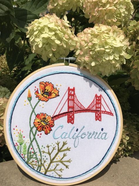 Sunrise Embroidery Pattern, State Embroidery Patterns, San Francisco Embroidery, California Embroidery, California Poppy Embroidery, State Embroidery, Embroidery Pants, Snitches Get Stitches, Embroidery Letters