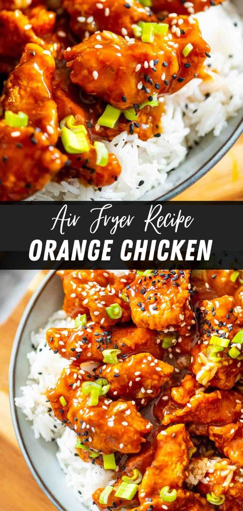 Sticky Chicken Air Fryer, Air Fry Chicken Recipes Easy, Panda Express Orange Chicken Recipe Air Fryer, Low Calorie High Protein Orange Chicken, Air Fryer Ginger Chicken, Healthier Orange Chicken, Orange Chicken Bowl Recipe, High Protein Crispy Orange Chicken, Orange Chicken And Noodles Recipe