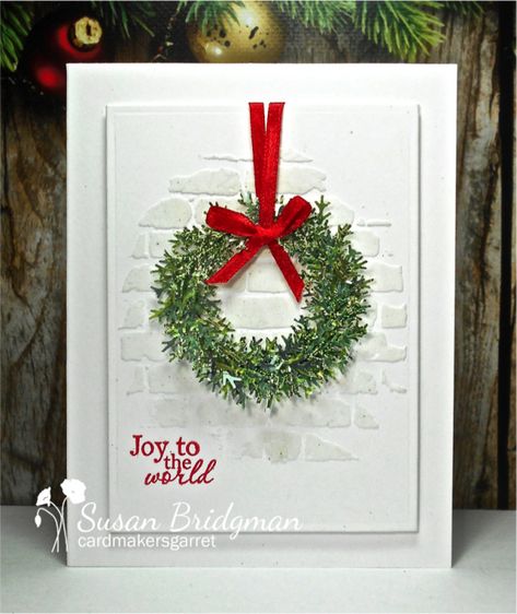 Brick Stencil, Wreath Cards, White Gemstones, Embossing Paste, Christmas Colours, A Brick Wall, Christmas Challenge, Beautiful Christmas Cards, Pine Branch