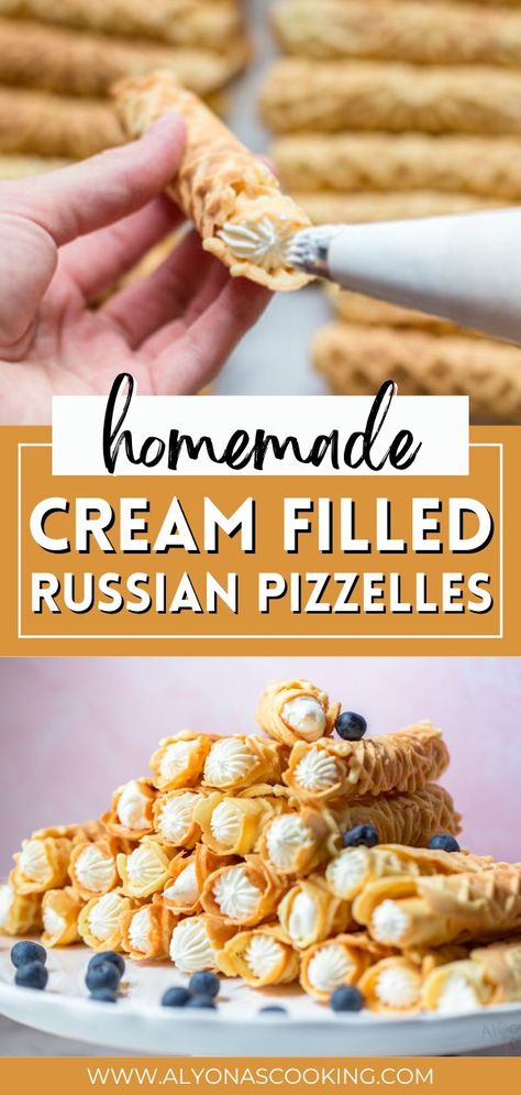 These Homemade Cream Filled Russian Pizzelles are delicious and can be made up to a week ahead of time. Also known as Trubochki, this dessert consists of crispy rolled wafer shells filled with sweet cream! This recipe makes 68 rolled pizzelles and it’s more than enough for a party or holiday gathering. Vanilla Pizzelle Recipe, Filled Pizzelle Recipe, Christmas Pizzelle Cookies, Easy Pizzelle Recipe, Best Pizzelle Recipe, Maple Pizzelle Recipe, Cream Filled Pizzelles, Pizelle Recipe Easy, Pizzelle Cannoli Recipe