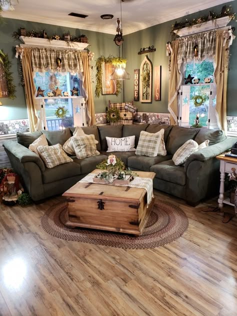 Updated happy place❤ Mediterranean Living Room, Primitive Living Room, Casa Country, Living Room Update, Country Living Room, Farmhouse Decor Living Room, Living Room Remodel, Decoration Idea, Country House Decor