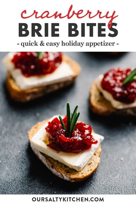 These cranberry brie bites are an easy, fun, and gorgeous cocktail party appetizer, and your guests will love them! Brie and cranberries are natural companions, and these cute little appetizer toasts are a seriously tasty combination of sweet, tart, and salty. They're vegetarian, make ahead friendly, and stress free! These cranberry brie bites are the perfect sweet and savory addition to your cocktail party menu. #appetizer #brie #christmas #vegetarian #snack Cranberry Brie Bites, Cocktail Party Appetizers, Cranberry Brie, Brie Bites, Christmas Cocktail Party, Cocktail Party Food, Cocktail Sauce, Appetizer Bites, Party Finger Foods