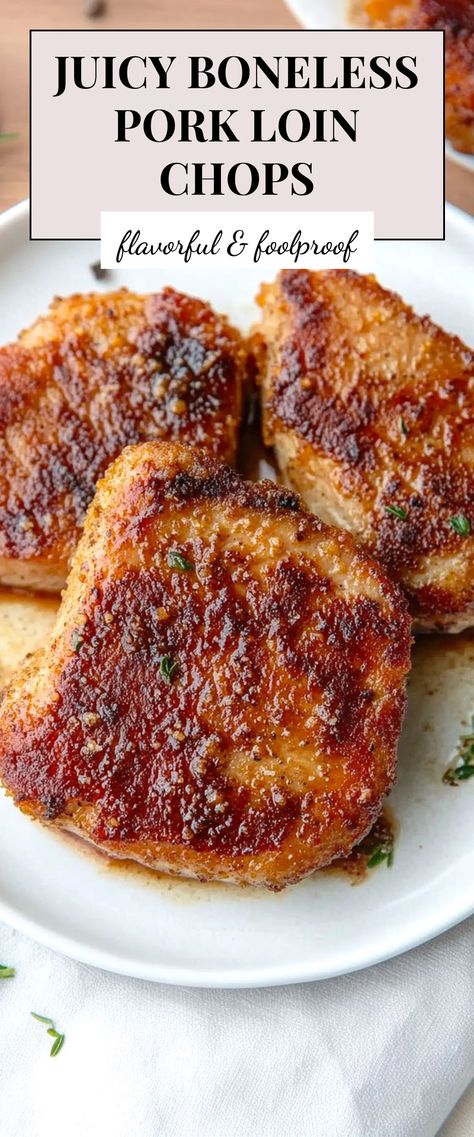 Image for Juicy Boneless Pork Loin Chops Roasted Boneless Pork Chops, Recipes With Pork Loin Chops, Juicy Pork Loin Chops, Pork Chop Instant Pot Recipes Boneless, Pork Chop Recipes No Bone, Costco Pork Chops Recipe, Boneless Loin Pork Chops, Pork Sirloin Recipes Boneless, Brined Boneless Pork Chops