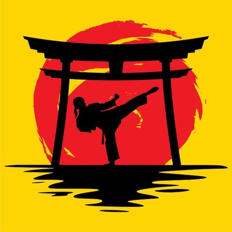 Vector illustration of karate bellow the... | Premium Vector #Freepik #vector #japan-sun #japanese #japanese-element #japanese-illustration Karate Illustration, Karate Background, Karate Art, Vector Brush, Tattoos Women, Leg Tattoos Women, Japanese Illustration, Red Circle, Bellows