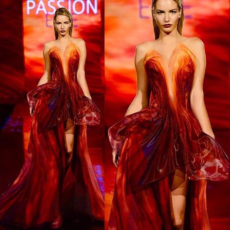 Out of a dream comes the Elements of Fire 🔥featuring the fabulous flame print asymmetrical gown for @blanka_matragi_designer Out of a… Fire Fashion Design, Fire Dress Gowns, Fire Inspired Dress Gowns, Flame Dress Gowns, Fire Gown Haute Couture, Asymmetrical Gown, Phoenix Costume, Channel Outfits, Gown Designer