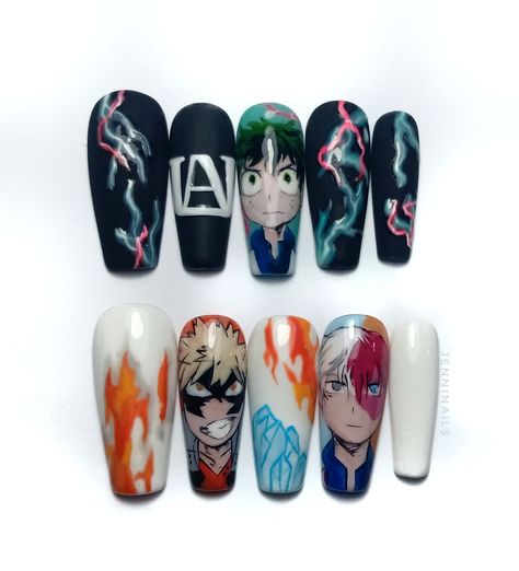 Anime Nails My Hero Academia, My Hero Academia Nail Art, My Hero Nails, My Hero Academia Nails Acrylic, Anime Manicure, My Hero Academia Party, My Hero Academia Nails, Mha Nails, Academia Nails