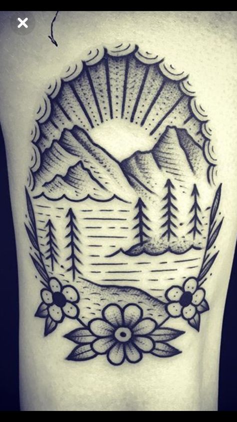 Outdoor Tattoo, Camping Tattoo, Western Tattoos, Landscape Tattoo, Bad Tattoos, Traditional Tattoo Art, Mountain Tattoo, American Traditional Tattoo, Nature Tattoos