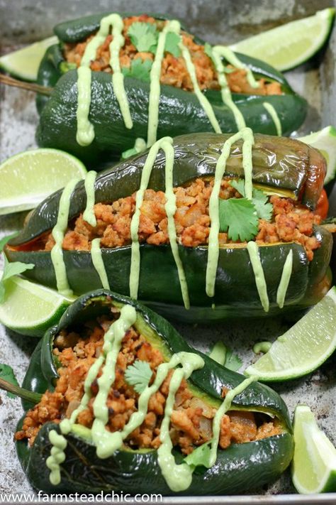 Chipotle Stuffed Peppers, Pepper Meals, Chicken Stuffed Poblano Peppers, Chicken Stuffed Poblano, Chipotle Lime Chicken, Stuffed Poblanos, Poblano Pepper, Paleo For Beginners, Optavia Recipes