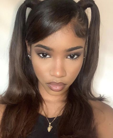 Cute Hairstyles Black Women Straight Hair, Cute Black Hairstyles Straight Hair, Two Cute Ponytails, Straight Hairstyles Back To School, Aesthetic Baddie Hairstyles, Cute Hairstyles Picture Day, 2ponytail Hairstyles For Black Women, Pigtails With Side Part, Short Hairstyle Lace Front Wig