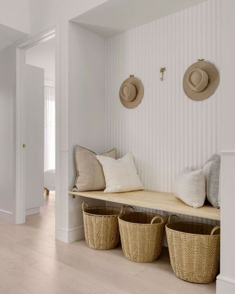 Contemporary Wall Panelling, Hallway Nook Ideas, Villa Style Home, Entry Nook, Alfresco Decking, Coastal Style Kitchen, Hamptons Style Home, Engineered Timber Flooring, Island Homes