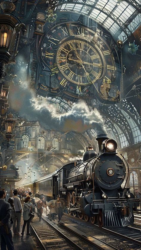 Trains Fantasy Art, Steam Punk Illustration, Snowy Train Station, Steam Punk Background, Steampunk World Art, Steampunk Dark Academia, Steampunk Building Concept Art, Old Trains Steam Locomotive, Time Machine Drawing