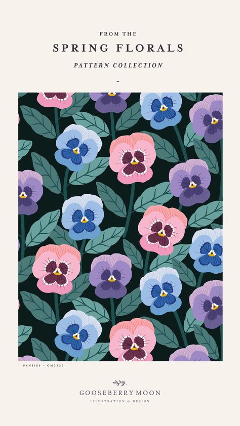 Introducing Pansies. A repeat pattern from my newest spring collection. Created from my original sketchbook gouache painting. I love how this works with multiple different background colours perfect for home decor. Pansies can be re-coloured and is rescalable to suit any project, and is available for licensing. ... Pansies Illustration, Spring Illustration Design, Spring Design Graphic, Pansy Illustration, Pansy Painting, Gooseberry Moon, Pantone Print, Minimalistic Prints, Gouache Flowers