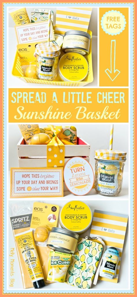 Sunshine Basket, Diy Gifts For Christmas, Get Well Gift Baskets, Cheer Someone Up, Box Of Sunshine, Free Printable Tags, Diy Gift Baskets, Ge Bort, Cadeau Diy