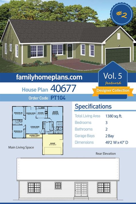 Ranch, Traditional House Plan 40677 with 3 Beds, 2 Baths, 2 Car Garage L Shaped Ranch, L Shaped House Plans, L Shaped House, Ranch Style House, Affordable House Plans, Country House Design, Ranch House Plan, Ranch Style House Plans, Garage House Plans