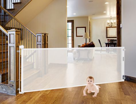 Retract-A-Gate - Retractable Safety Gate, Retractable Baby Gate, or Retractable Pet Gate. An easy to use wide safety gate for indoors or outdoors and certified for use at the top of stairs. Retractable Pet Gate, Retractable Dog Gate, Retractable Baby Gate, Baby Gate For Stairs, Diy Baby Gate, Kids Gate, Retractable Gate, Stair Gate, Baby Safety Gate