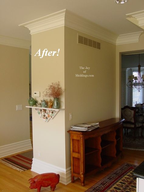 Before And After Crown Molding, Crown Molding Before And After, Benjamin Moore Muslin, Kitchen Crown Molding, Grey Carpet Hallway, Big Living Room Decor, Crown Molding Kitchen, Kitchen With High Ceilings, Cool Tricks